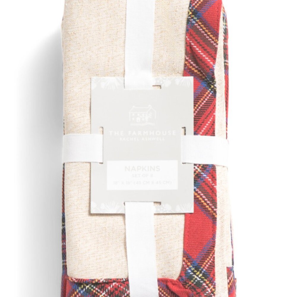 THE FARMHOUSE BY RACHEL ASHWELL Set Of 8 Plaid Border Napkins, NIP